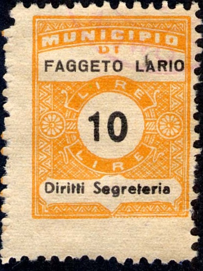 Marca da Bollo del Comune di FAGGETO LARIO su Carta Bianca di dimensioni 22,5 x 29 mm