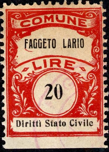 Marca da Bollo del Comune di FAGGETO LARIO su Carta Bianca di dimensioni 22,5 x 29 mm