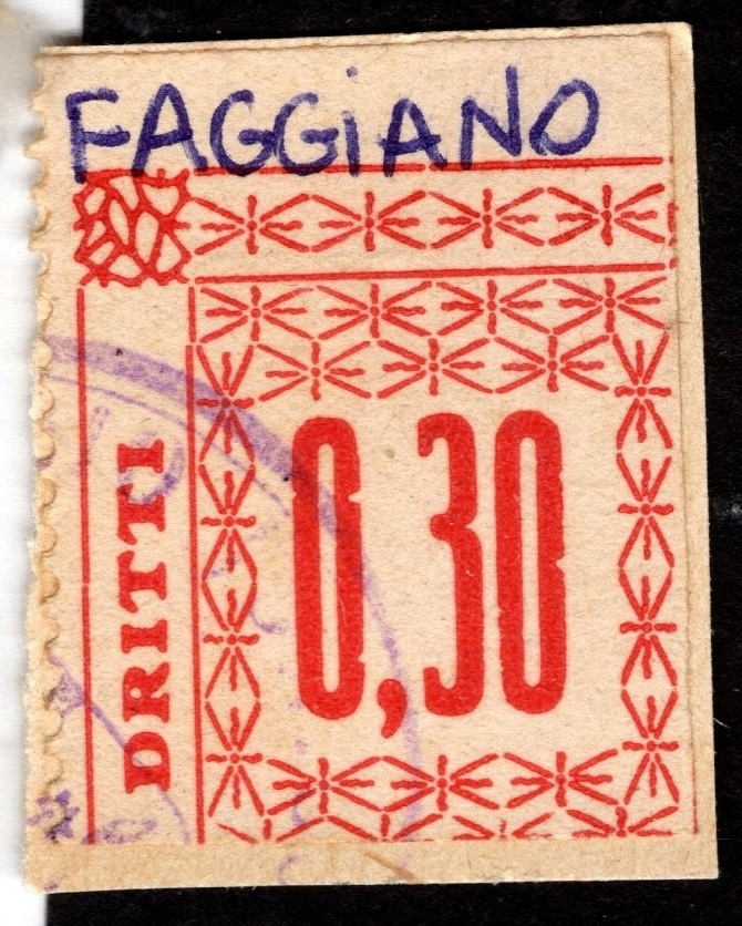 Marca da Bollo del Comune di FAGGIANO su Carta Bianca di dimensioni 23 x 29 mm