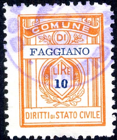 Marca da Bollo del Comune di FAGGIANO su Carta Bianca di dimensioni 21,5 x 28,5 mm