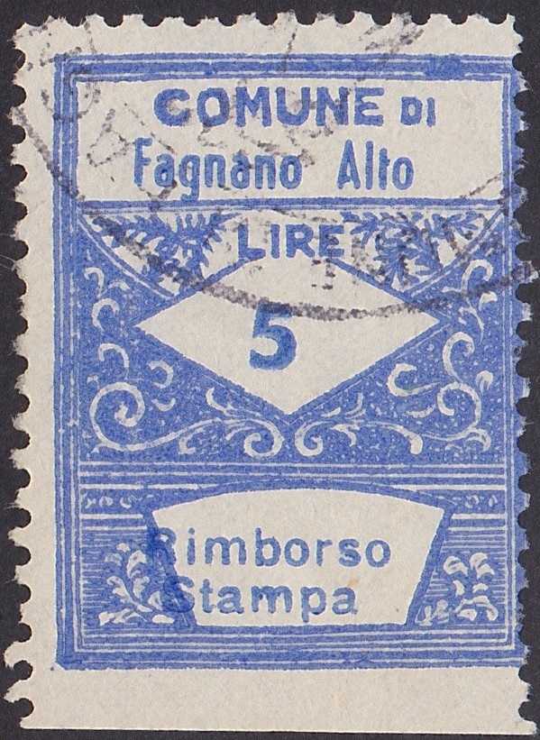 Marca da Bollo del Comune di FAGNANO ALTO su Carta Bianca di dimensioni 23 X 30 mm