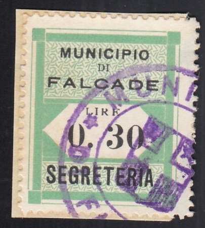 Marca da Bollo del Comune di FALCADE su Carta Bianca di dimensioni 27,5 x 34 mm