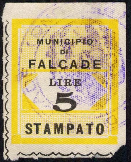 Marca da Bollo del Comune di FALCADE su Carta Bianca di dimensioni 27 x 33 mm