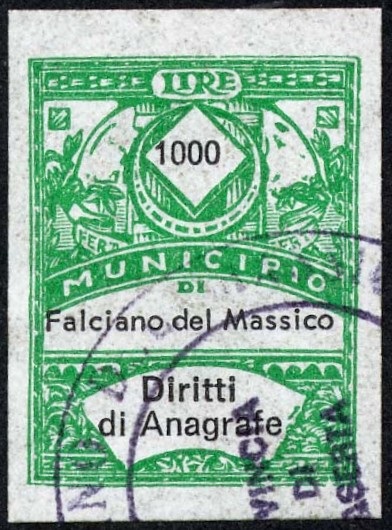 Marca da Bollo del Comune di FALCIANO DEL MASSICO su Carta Bianca di dimensioni 22 x 29 mm
