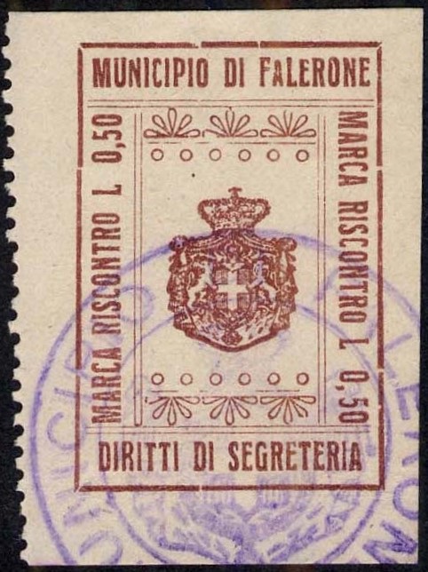 Marca da Bollo del Comune di FALERONE su Carta Blu di dimensioni 23,5 x 35 mm