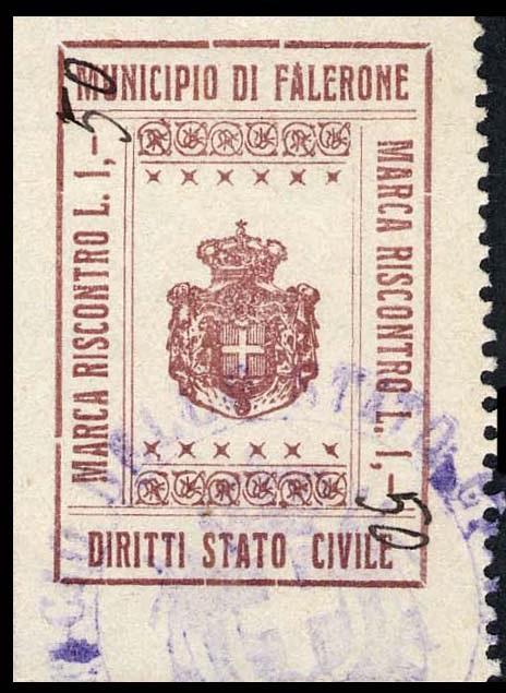 Marca da Bollo del Comune di FALERONE su Carta Blu di dimensioni 23,5 x 35 mm