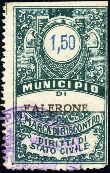 Marca da Bollo del Comune di FALERONE su Carta Bianca di dimensioni 26 x 43,5 mm