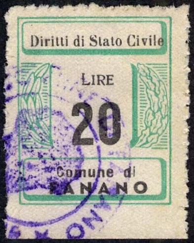 Marca da Bollo del Comune di FANANO su Carta Bianca di dimensioni 21 x 26 mm