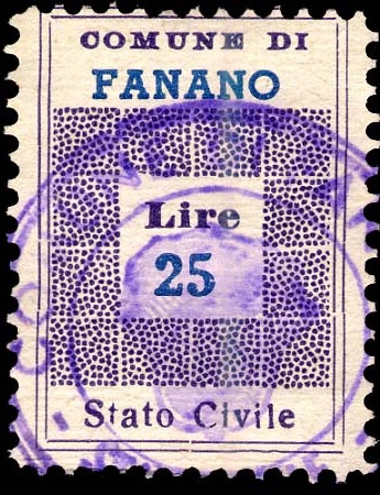 Marca da Bollo del Comune di FANANO su Carta Bianca di dimensioni 19,5 x 28,5 mm