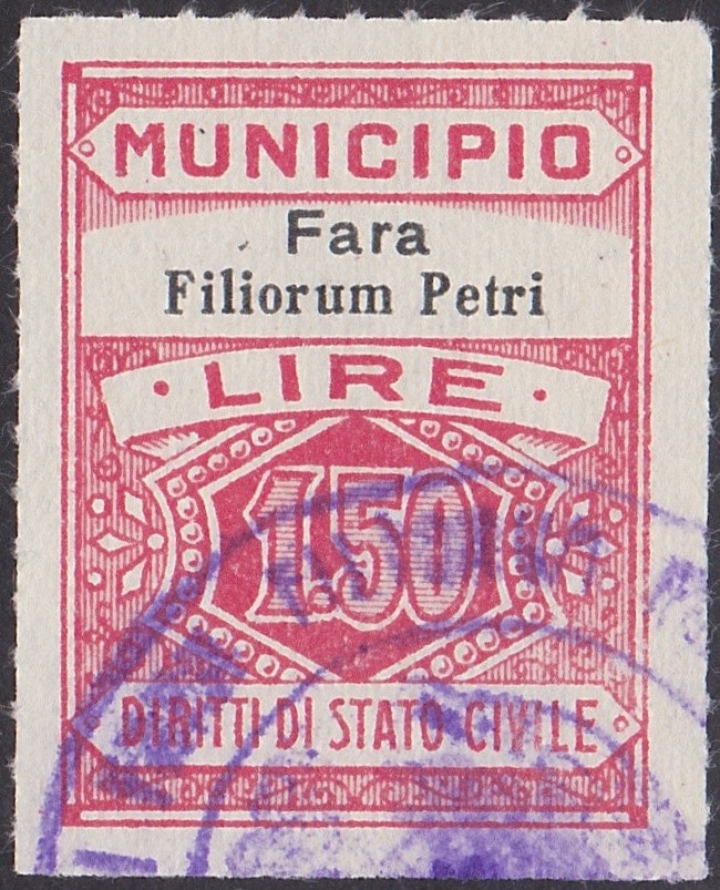 Marca da Bollo del Comune di FARA FILIORUM PETRI su Carta Bianca Sottile di dimensioni 22,5 x 29 mm