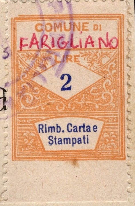 Marca da Bollo del Comune di FARIGLIANO su Carta Bianca di dimensioni 22 x 28 mm