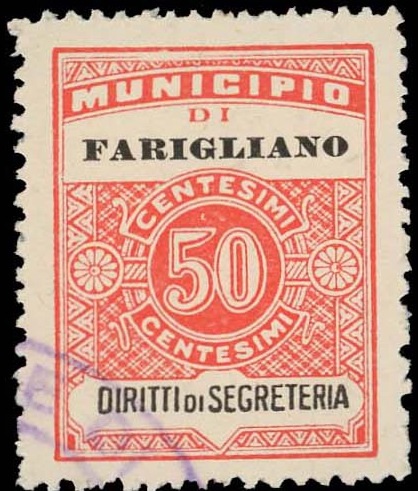 Marca da Bollo del Comune di FARIGLIANO su Carta Bianca Sottile di dimensioni 22,5 x 29 mm