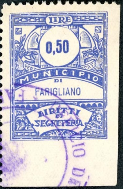 Marca da Bollo del Comune di FARIGLIANO su Carta Bianca Sottile di dimensioni 22 x 28,5 mm