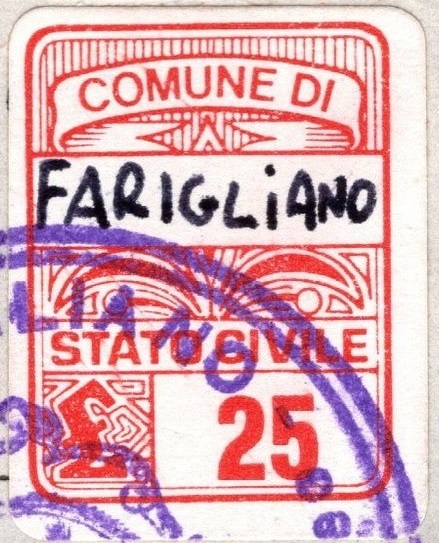 Marca da Bollo del Comune di FARIGLIANO su Carta Bianca Sottile di dimensioni 14 x 22 mm