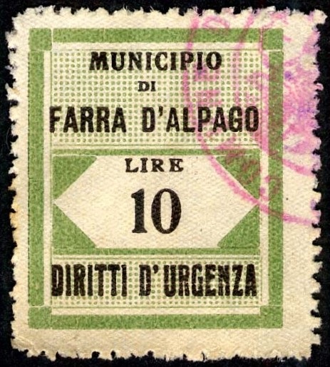 Marca da Bollo del Comune di FARRA D´ALPAGO su Carta Bianca di dimensioni 25 x 29 mm