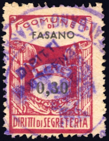 Marca da Bollo del Comune di FASANO su Carta Bianca di dimensioni 19,5 x 28 mm