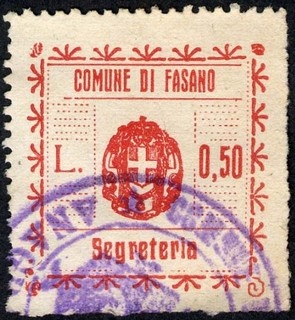 Marca da Bollo del Comune di FASANO su Carta Bianca di dimensioni 27 x 28 mm