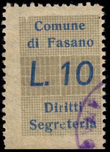 Marca da Bollo del Comune di FASANO su Carta Bianca di dimensioni 17,5 x 26,5 mm