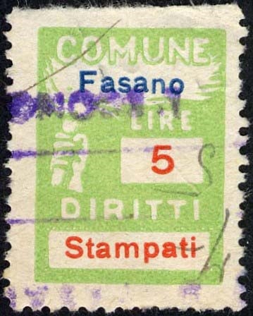 Marca da Bollo del Comune di FASANO su Carta Bianca di dimensioni 18 X 25,5 mm