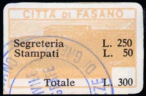 Marca da Bollo del Comune di FASANO su Carta Bianca di dimensioni 32 x 19 mm