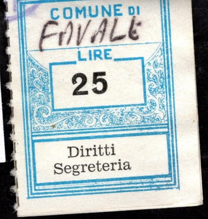 Marca da Bollo del Comune di FAVALE DI MALVARO su Carta Bianca Sottile di dimensioni 20 x 28 mm