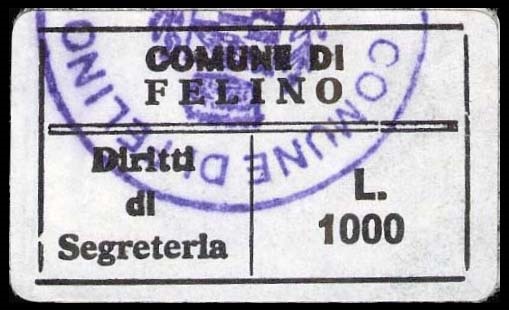 Marca da Bollo del Comune di FELINO su Carta Bianca di dimensioni 29 x 17,5 mm