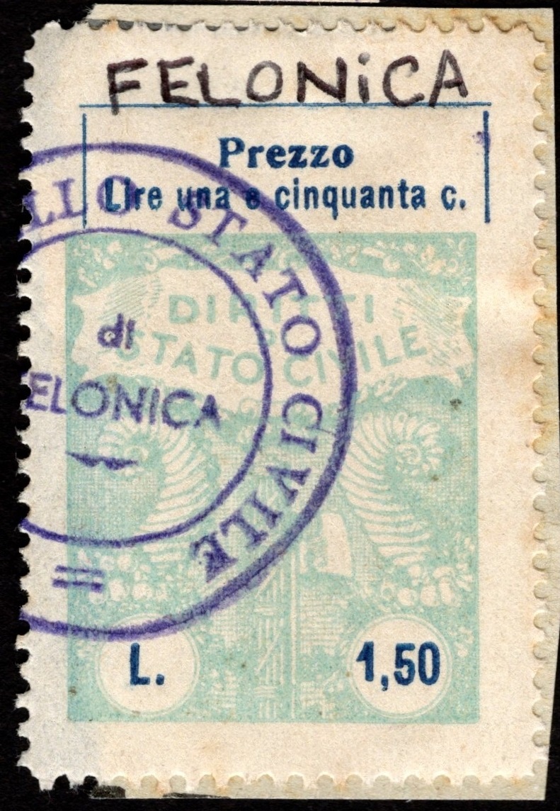 Marca da Bollo del Comune di FELONICA su Carta Bianca Sottile di dimensioni 23,5 X 30,5 mm