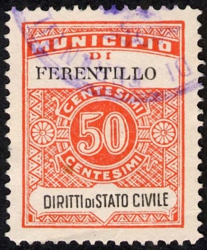 Marca da Bollo del Comune di FERENTILLO su Carta Bianca Sottile di dimensioni 22,5 x 29 mm