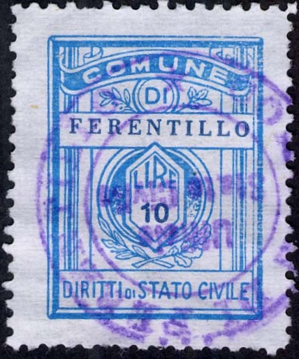 Marca da Bollo del Comune di FERENTILLO su Carta Bianca di dimensioni 21,5 x 28,5 mm