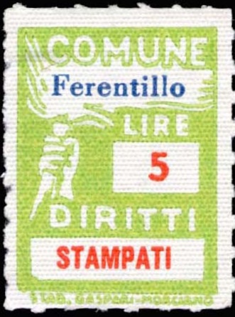 Marca da Bollo del Comune di FERENTILLO su Carta Bianca Sottile di dimensioni 18,5 x 26 mm