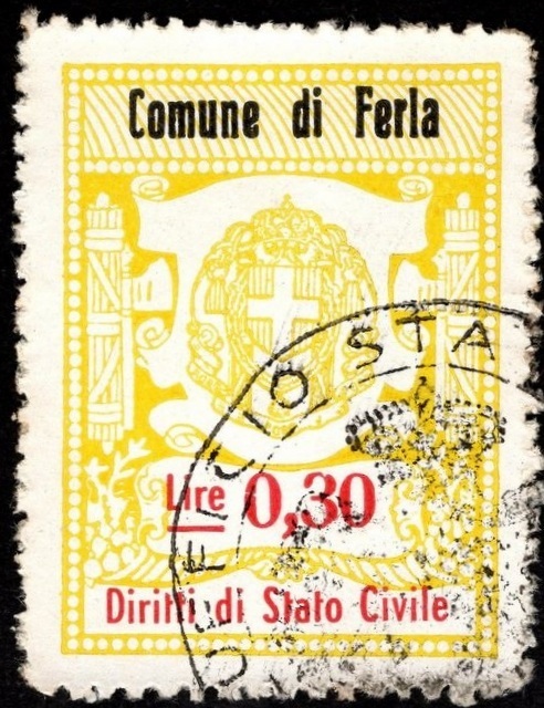 Marca da Bollo del Comune di FERLA su Carta Bianca di dimensioni 25 x 34 mm