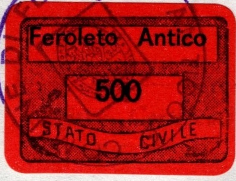 Marca da Bollo del Comune di FEROLETO ANTICO su Carta Colorata di dimensioni 19 x 14,5 mm