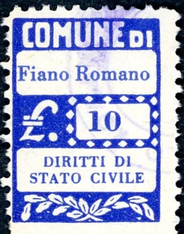 Marca da Bollo del Comune di FIANO ROMANO su Carta Bianca di dimensioni 20 x 28 mm
