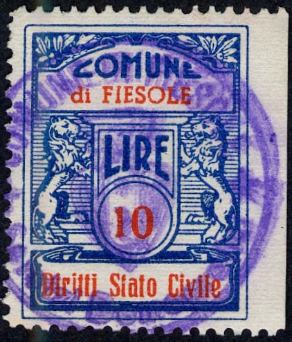 Marca da Bollo del Comune di FIESOLE su Carta Bianca Sottile di dimensioni 22,5 x 29,5 mm