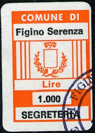 Marca da Bollo del Comune di FIGINO SERENZA su Carta Bianca di dimensioni 18 x 27 mm