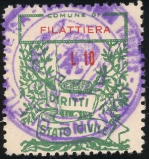 Marca da Bollo del Comune di FILATTIERA su Carta Bianca di dimensioni 22 x 25,5 mm