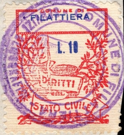 Marca da Bollo del Comune di FILATTIERA su Carta Bianca di dimensioni 22, x 25 mm