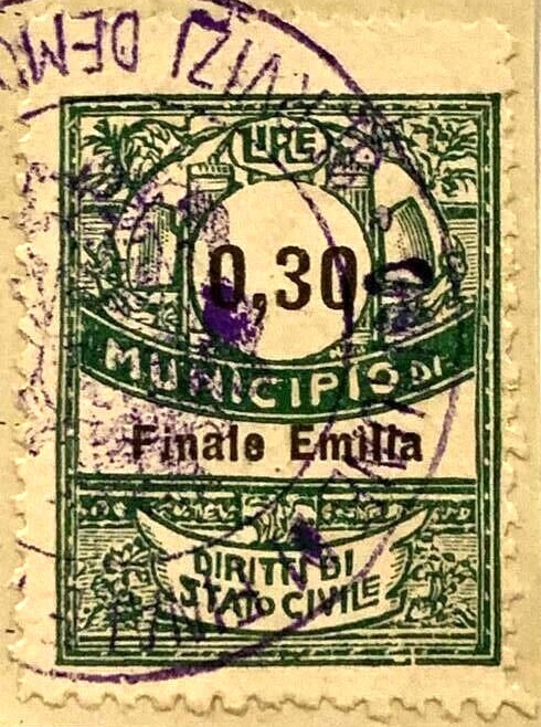 Marca da Bollo del Comune di FINALE EMILIA su Carta Bianca di dimensioni 20 x 25,5 mm