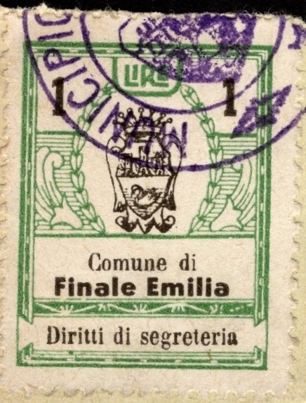 Marca da Bollo del Comune di FINALE EMILIA su Carta Bianca Sottile di dimensioni 23,5 X 30,5 mm