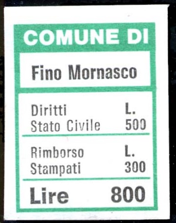 Marca da Bollo del Comune di FINO MORNASCO su Carta Bianca di dimensioni 20 x 26,5 mm