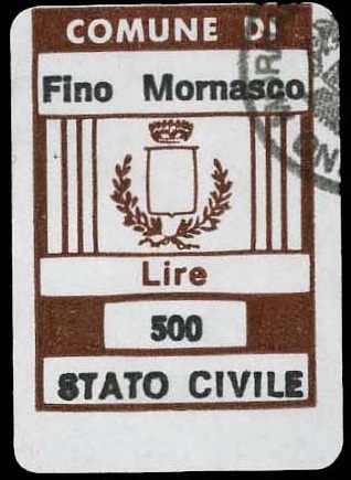 Marca da Bollo del Comune di FINO MORNASCO su Carta Bianca di dimensioni 18 X 25,5 mm