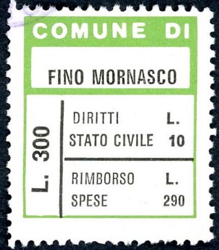 Marca da Bollo del Comune di FINO MORNASCO su Carta Bianca di dimensioni 21 x 25 mm