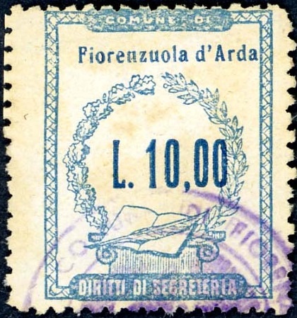 Marca da Bollo del Comune di FIORENZUOLA D´ARDA su Carta Bianca di dimensioni 23 x 28 mm