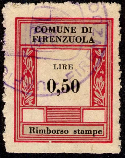 Marca da Bollo del Comune di FIRENZUOLA su Carta Bianca di dimensioni 23 x30 mm