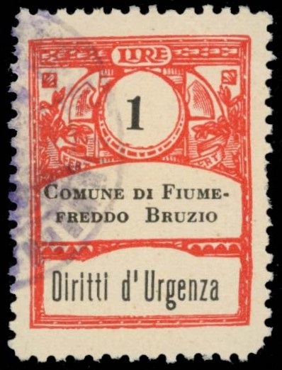 Marca da Bollo del Comune di FIUMEFREDDO BRUZIO su Carta Bianca Sottile di dimensioni 21,5 x 32 mm