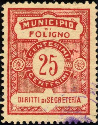 Marca da Bollo del Comune di FOLIGNO su Carta Bianca Sottile di dimensioni 23 X 30 mm