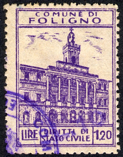 Marca da Bollo del Comune di FOLIGNO su Carta Bianca di dimensioni 23 x 32,5 mm
