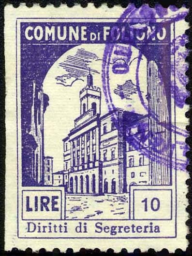 Marca da Bollo del Comune di FOLIGNO su Carta Bianca Sottile di dimensioni 23 x 32 mm