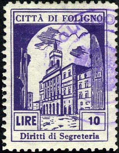Marca da Bollo del Comune di FOLIGNO su Carta Bianca Sottile di dimensioni 23 x 32 mm