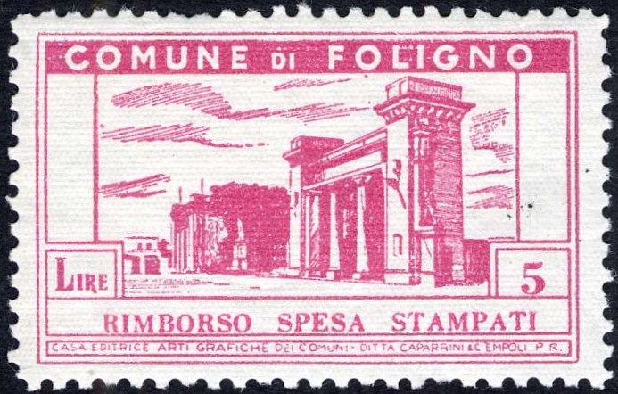 Marca da Bollo del Comune di FOLIGNO su Carta Bianca Sottile di dimensioni 42,5 x 26 mm